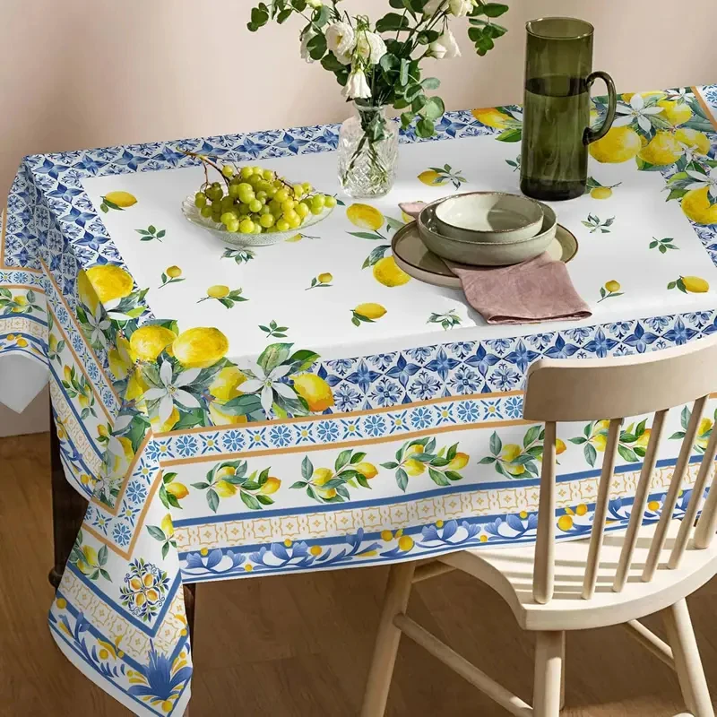VIKAMA Amalfi Coast Lemon Tablecloth Blue Floral Geometric Tile Design Waterproof Oilproof Household Holiday Dining Table Cover