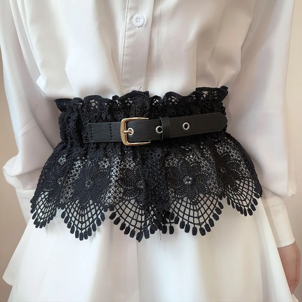 

Elegant Women Black White Lace Belts Elastic Adjustable Waistband Pin Buckle Cummerbund Dress Shirts Coat Decoration Belt