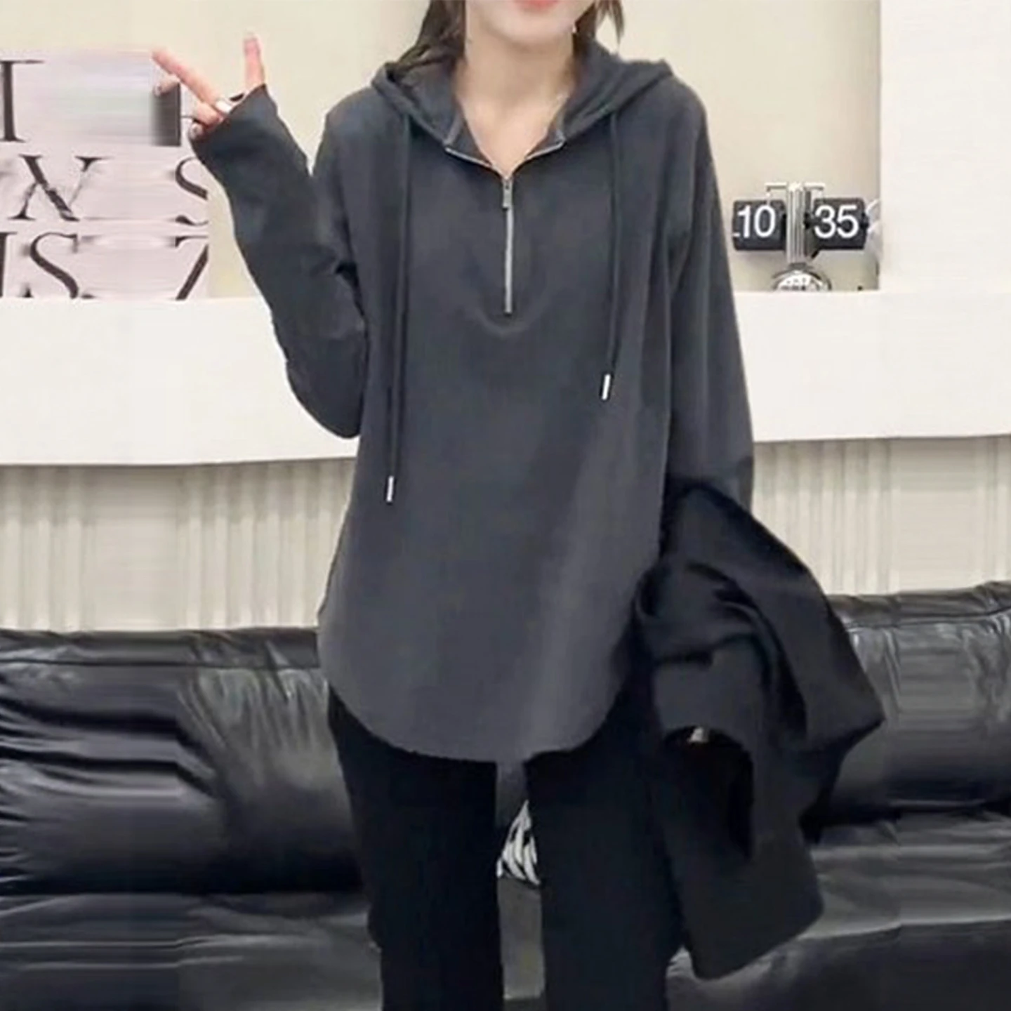 plus Size Pure Cotton Hooded Long Sleeve T-Shirt Women's Autumn New Style Casual Loose Slimming Top Half Zipper Design