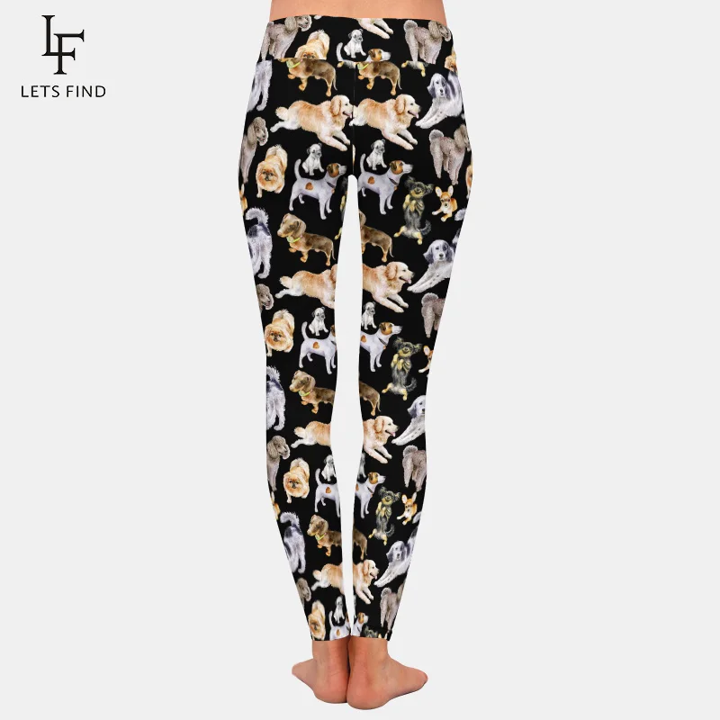 Leggings elásticos con estampado de perros para mujer, mallas de cintura alta, de doble cara, seda de leche cepillada, 220gsm, color negro