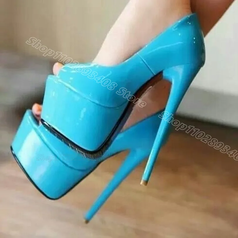 Blue Platform Patent Leather Pumps Peep Toe Stiletto British Style New Fashion Party Casual Women Pumps 2024 Zapatos Para Mujere