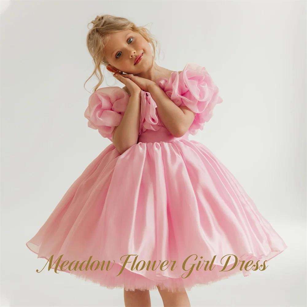 Meadow Peach Pink First Communion Gown Off the Shoulder Girls Princess Dress Short Sleeves Sweet Evening Party Dress for Girls