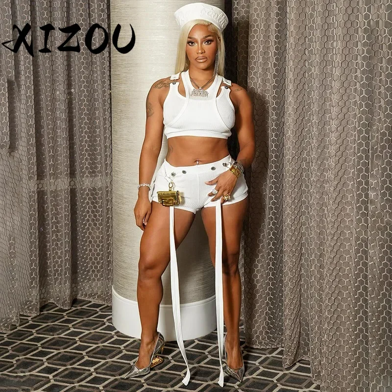 

XIZOU уличный женский комплект, вязаный топ без рукавов с лентой и шорты, костюм с юбкой, лето 2025 года, сексуальный комплект из двух предметов, комплект одежды