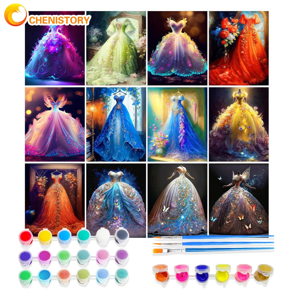 

CHENISTORY Paint By Numbers Colorful Wedding Dress HandPainted Kits Coloring On Canvas 60x75cm Frame Oil Painting Picture