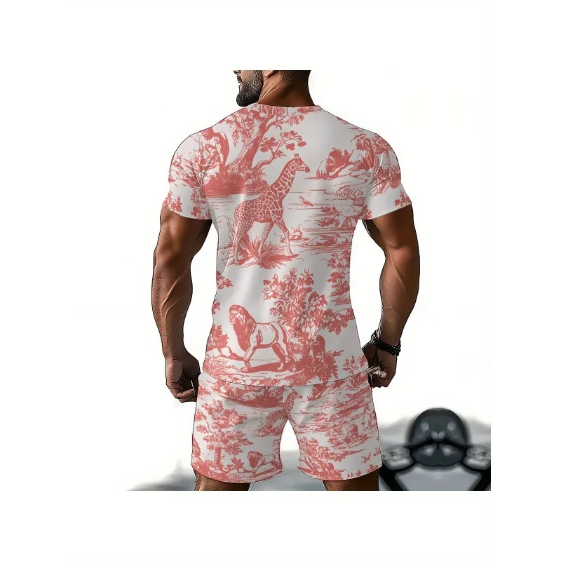 2025 Trendy 3D Printed T-shirt Shorts Casual Daily Sports Polyester Fiber Round Neck Short Sleeved Set Fashionable Men