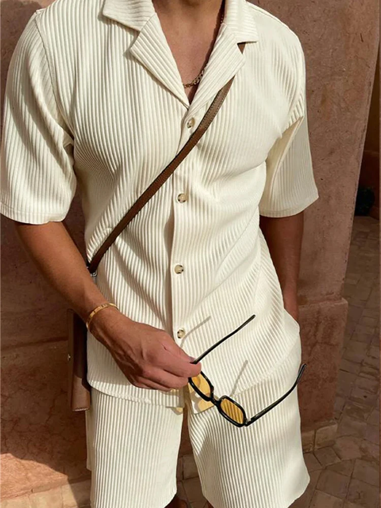 Spring/Summer suit Solid color corduroy shorts sleeve shirt and shorts stretch beach casual suit
