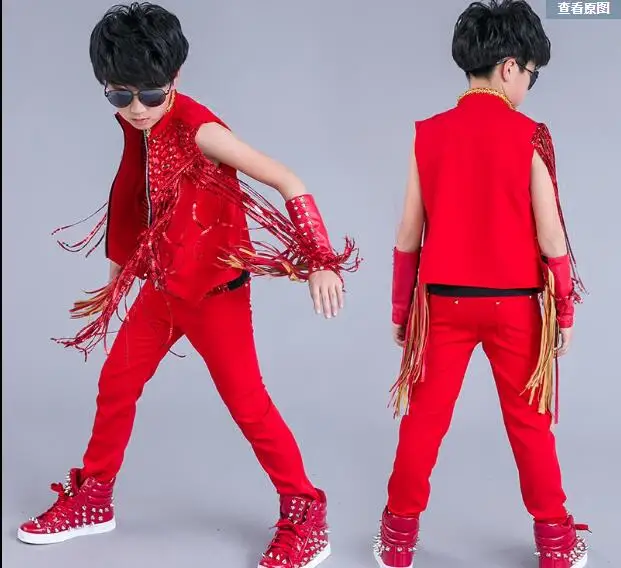 

Stage show hip-hop street dancer party dress fashion new red tassel diamond sequin suit children's performance clothing