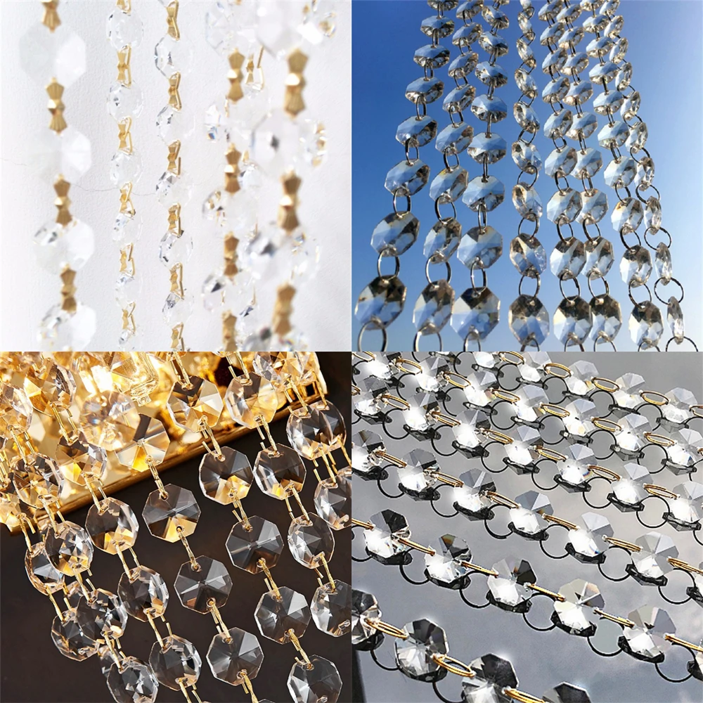 4 Types (Silver Rings/Gold Pins) Clear 14mm Crystal Octagon Beads Chain Garlands Chandelier Lamp Part Curtain Craft Home Wedding