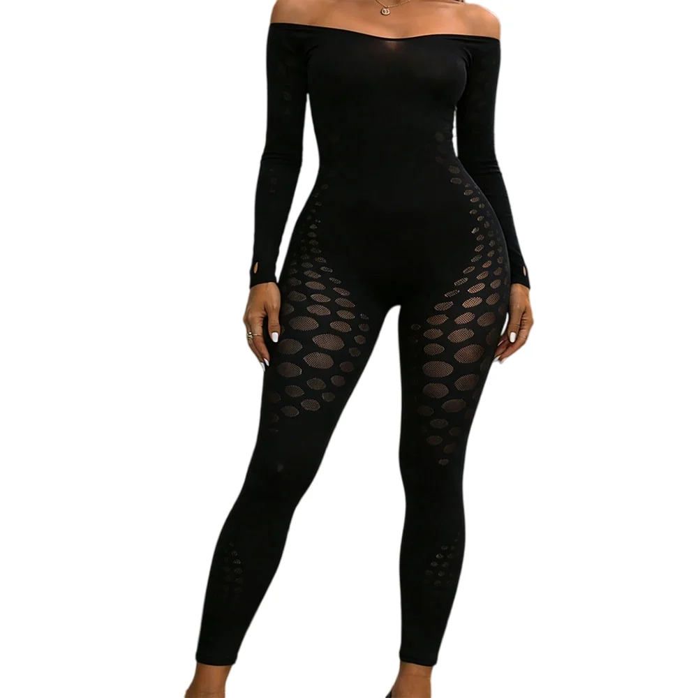 Women's Bodycon Jumpsuit with Sheer Lace, Long Sleeve High Waist Design for Club & Party