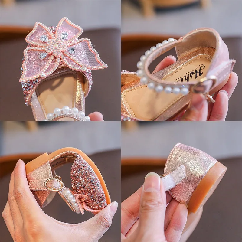 2024 New Korean Style Baby Girl Bow Princess Shoes Sandals For Girls Sequin Pearl Dance Performance Shoes