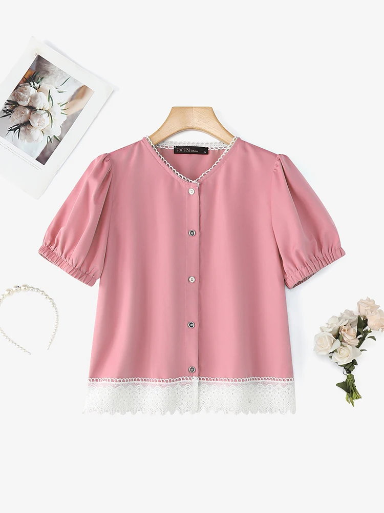 

ZANZEA 2025 Women Lace Patchowork Shirts Fashion Short Puff Sleeve Solid Blouse Elegant OL Tops Tunic Buttons Stylish Blusas