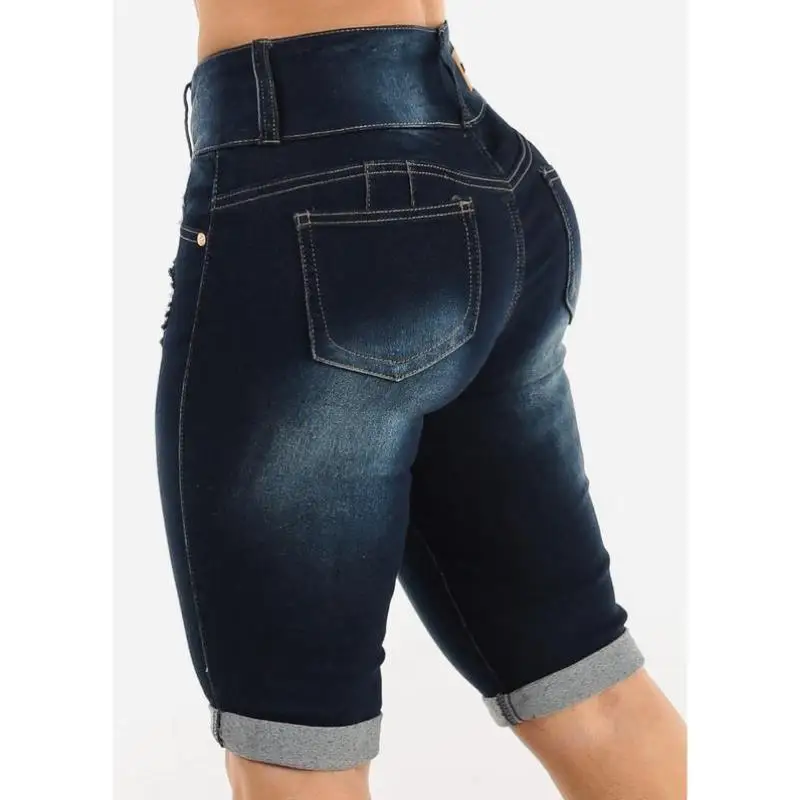 Damskie spodnie dżinsowe Cross-Border New Sle Bermuda, ciemnoniebieskie, modelujące pośladki, w stylu vintage, codzienne, z materiału PVC, o średnio-niskim stanie.