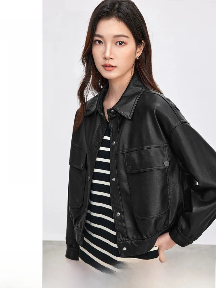 

Modern PU Leather Jacket Short Loose Fit Turn-down Collar Commute Style Slimming Leg Lengthening Short And Long Coat