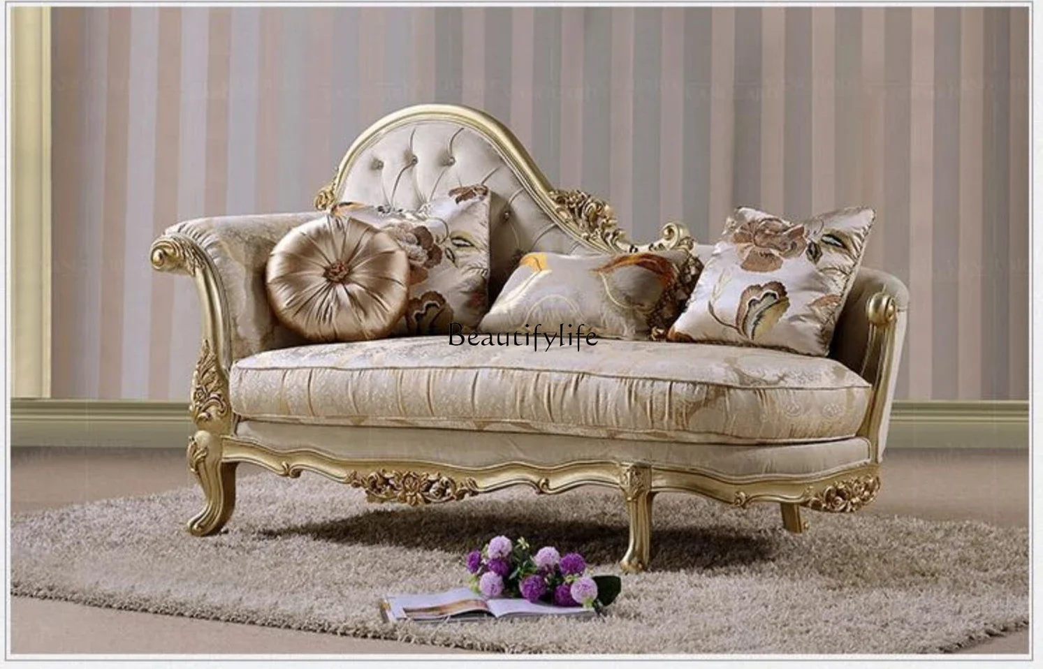 yj5European-Style New Classical Chaise Longue Sofa Fabric Beauty Bed All Solid Wood Carved High-End Luxury