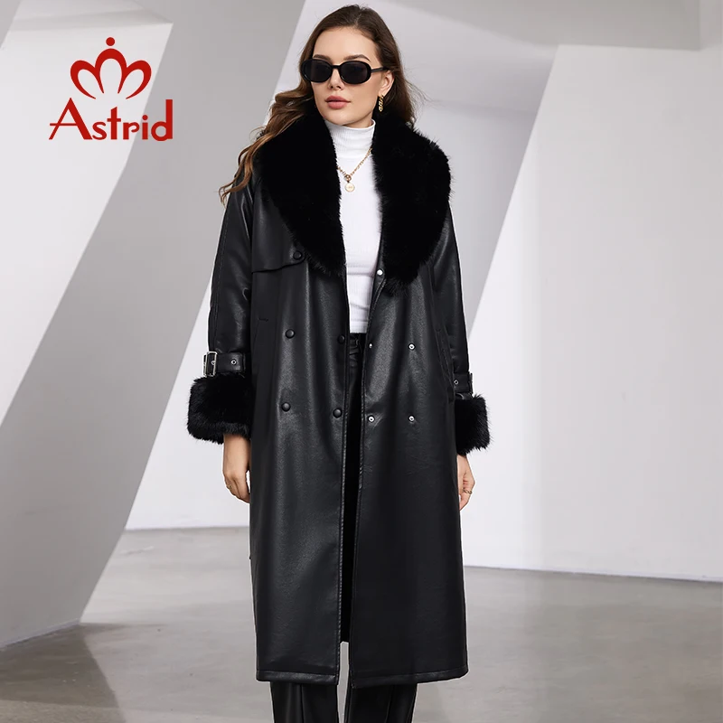 Astrid Long luxury Faux Leather Trench Coat Women Fur Collar Lapel Belt Double Breasted Loose Waterproof Jacket Fashion PU Coat