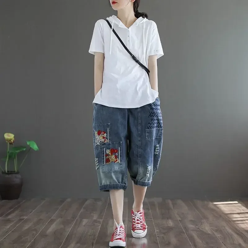 Women's Jeans Cropped 2024 Trend Baggy Pant Woman High Waist Mom Oversize Pants Wide Leg Waisted Ripped Graphic Embroidery