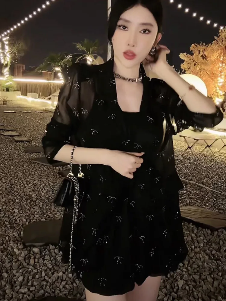 

Sun Protection Faion Set Women's Light Weight Diamond Encrusted Heavy Industry ort Suit Jaet And orts Two Piece Set S...