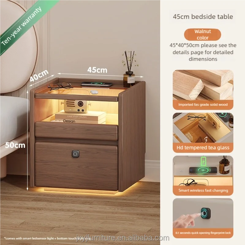طاولة سرير ذكية لغرفة النوم، لاسلكية متعددة الوظائف، قفل بصمة الإصبع، خزانة بجانب السرير من الخشب الصلب #5