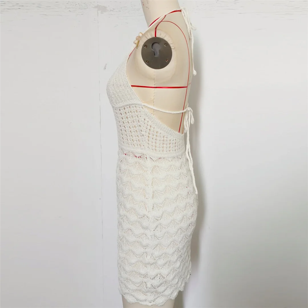 V-Ausschnitt, halterneck, rückenfrei, einfarbig, gehäkelt, gestrickt, Tunika, Strandkleid, Strandmode, Damen V8516 – Detail 10