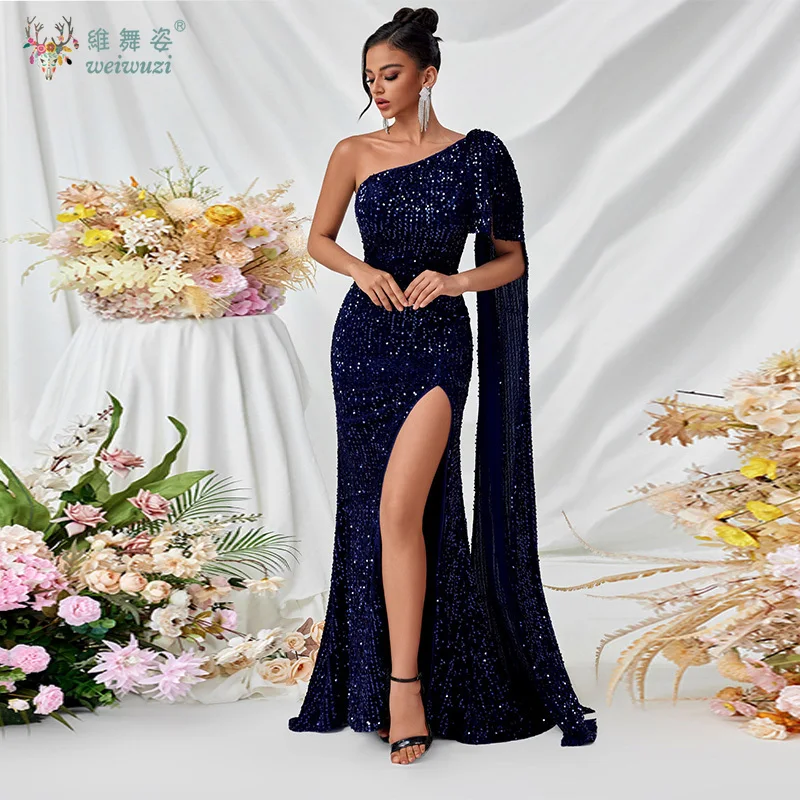 Elegante e lindo cor sólida gola inclinada ombro único cintura cauda de peixe saia alta fenda lantejoulas vestido de noite