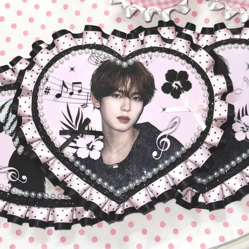 

Polka Dot Pink Black Lace Idol Keychain, Custom Celebrity Bag Charm for Kpop Fans, Personalized Photo Purse Gift