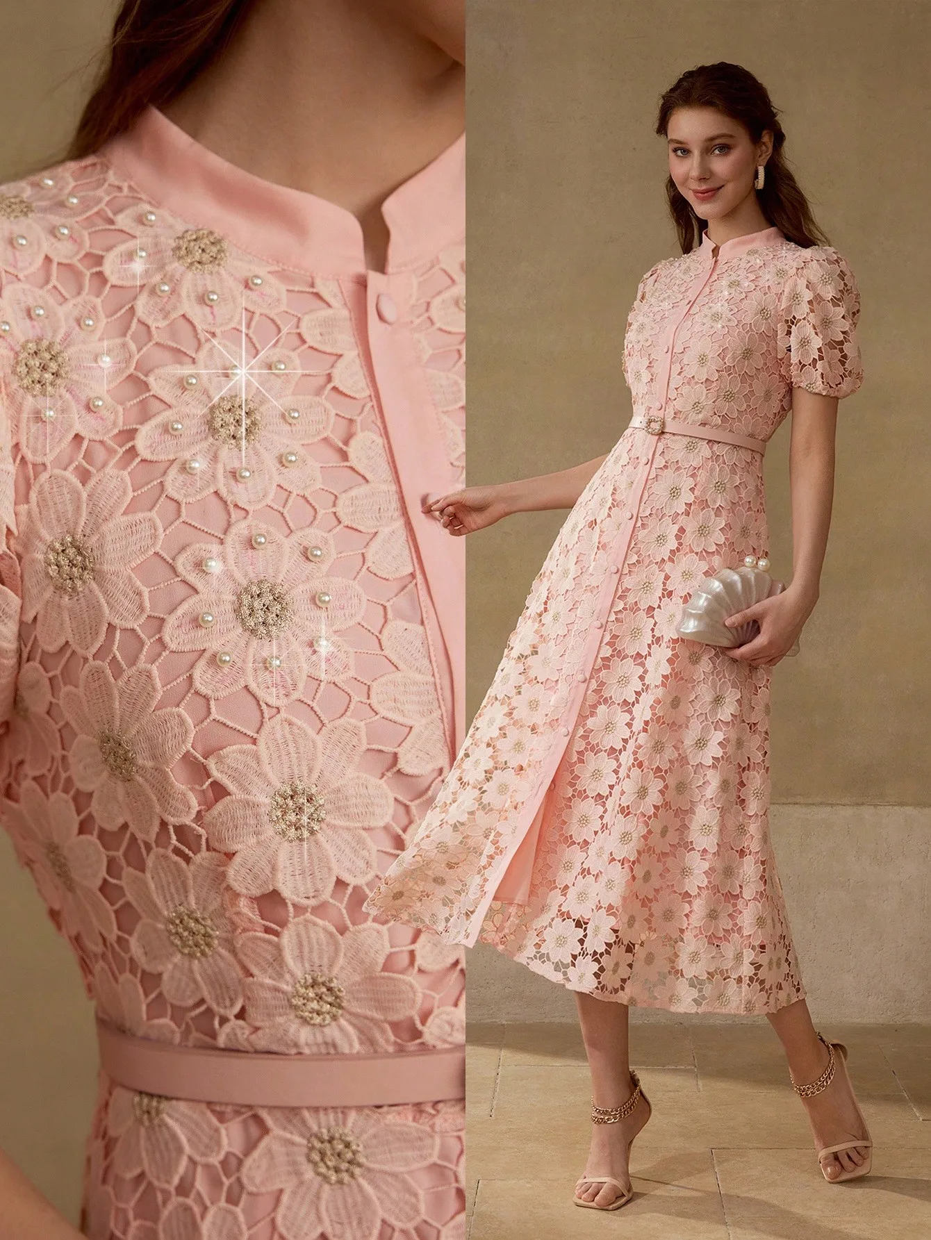 

Pink Floral Lace Dress with Stand Collar, Puff Sleeves and Waist Belt