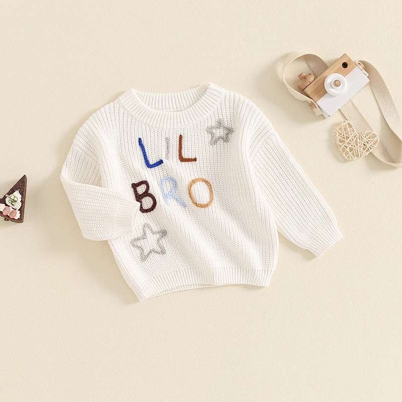 Little Kid Infant Baby Boys Sweater Letter LIL BIG Bro Star Embroidery Long Sleeve Knitwear Round Neck Loose Fit Pullover