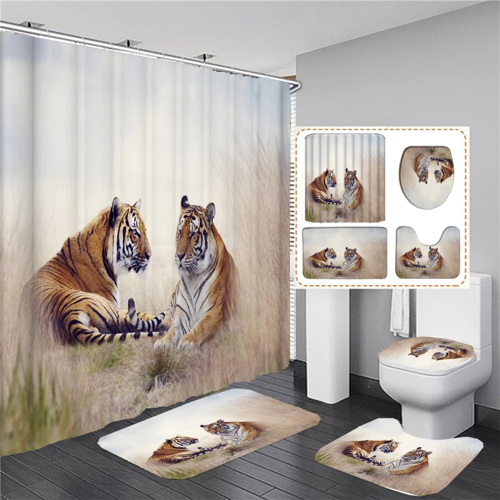 

Tiger Forest Animals Printed Shower Curtain Bathroom Curtains Anti-slip Toilet Lid Cover Carpet Bath Rugs Kitchen Home Decor