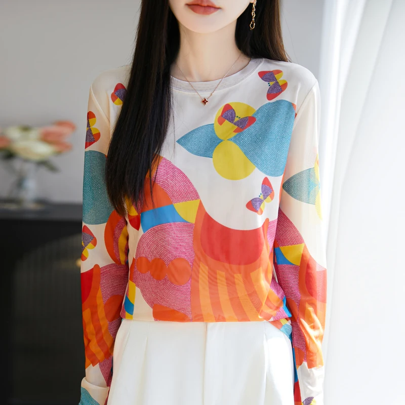 

Весенне-осенний тонкий женский пуловер с круглым вырезом, ленивый мультистиль, ретро-принт, шелковая шелковая рубашка с длинными рукавами, трикотажная базовая рубашка