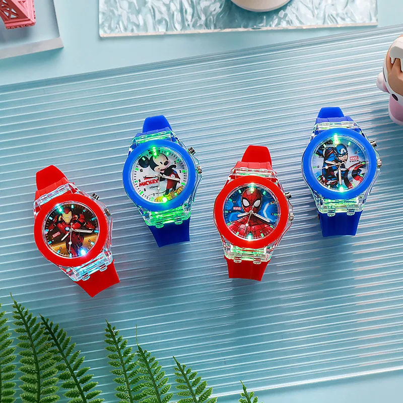 Disney Spiderman Watch Kids Luminous Watch Cute Silicone Mickey Colorful Lights Watch Prezenty dla dziewczynek Zegarki dla dzieci