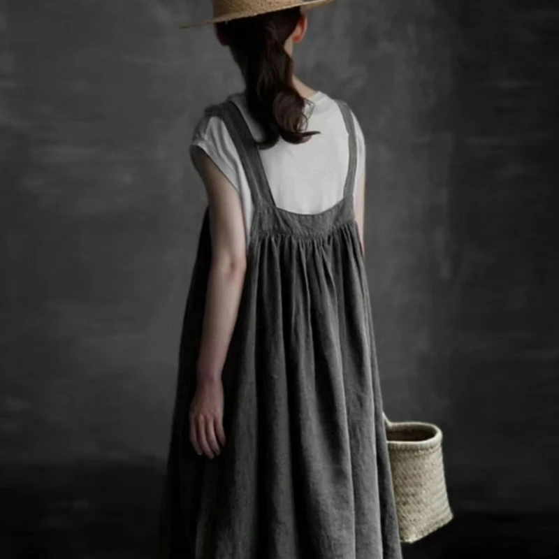 Johnature Japanese Linen Slip Dress For Women 2024 Summer New Linen Loose Versatile Vest Pockets Casual Women Dresses