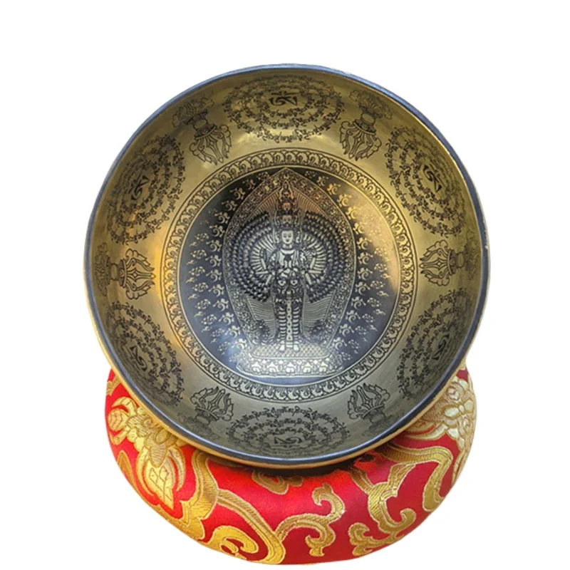 ‌Nepal Handmade Tibetan Singing Bowl Thousand-Hand Guanyin Engraving Traditional Buddhist Bowl for Yoga Meditation Sound Healing