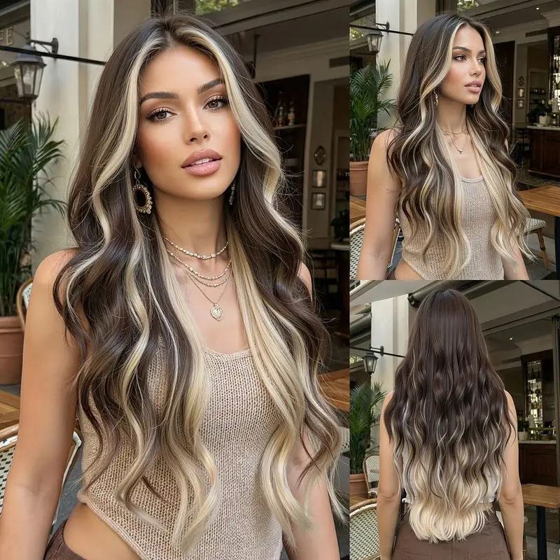 Fashionable and versatile women's full wig, long wavy light blonde with a middle part and gradient large waves