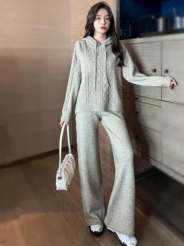 

Autumn Winter Wideleg Pants Western Sle Street E Chic Faion Set for Women Winter Collection Sli Casual Wear