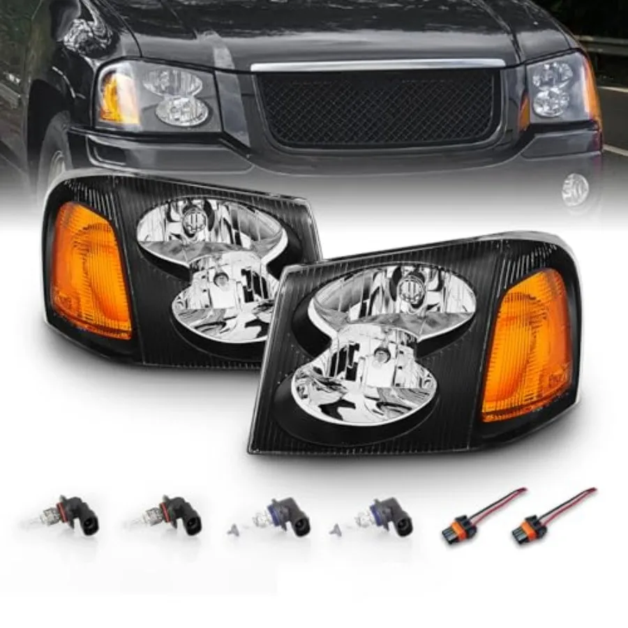 

Black Replacement Headlights Set for GMC Envoy Passenger and Driver Side with Integrated Hi/Lo Beam Bulbs for Enhanced Nighttim