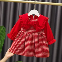 2022 Winter Warm 12M 24M 1 2-6 Years Children Birthday Gift Red Big Ear Collar Thicken Princess Bowtie Dress For Kids Baby Girls