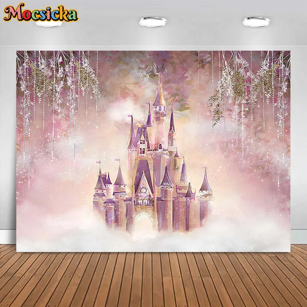 

Mocsicka Pink Fantasy Castle Princess Backdrop Photography Girl Birthday Party Decor Backdrops Cake Smash Photo Studio Photocall