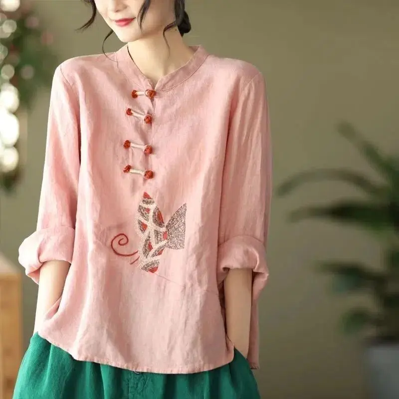 Vintage O-Neck Button Spliced Loose Embroidery Blouses Female Clothing 2024 Autumn New Oversized All-match Tops Casual Shirts
