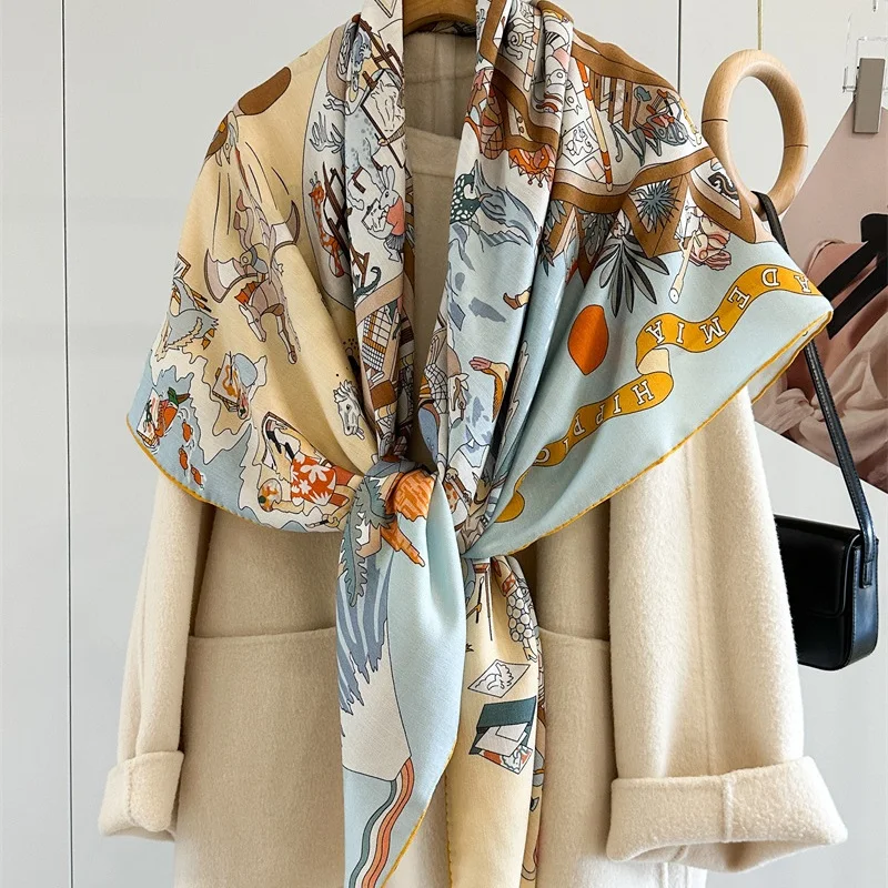 2026 Large Square Wool Scarves Wraps Top Grade Wool Shawl Cape Double Sided Printing 132x132CM