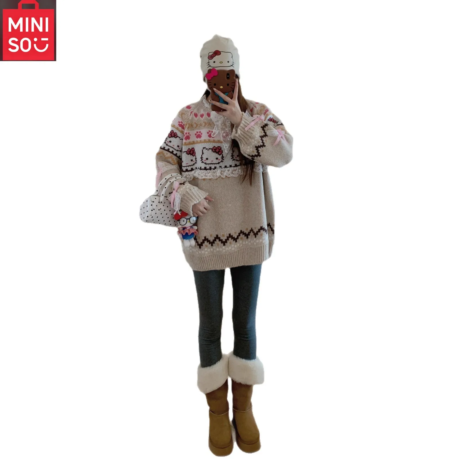 MINISO Hello Kitty pull à capuche brodé femmes nouvelle édition coréenne manteau tricoté en dentelle ample épais
