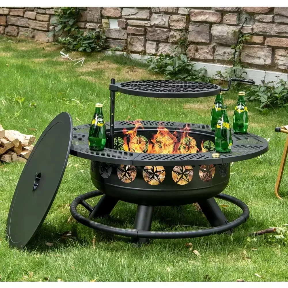 

42Inch Fire Pit with Cooking Grill,Outdoor Wood Burning BBQ Firepit with Lid, 3-in-1 Outdoor Fire Pit for Backyard Deck Bonfire