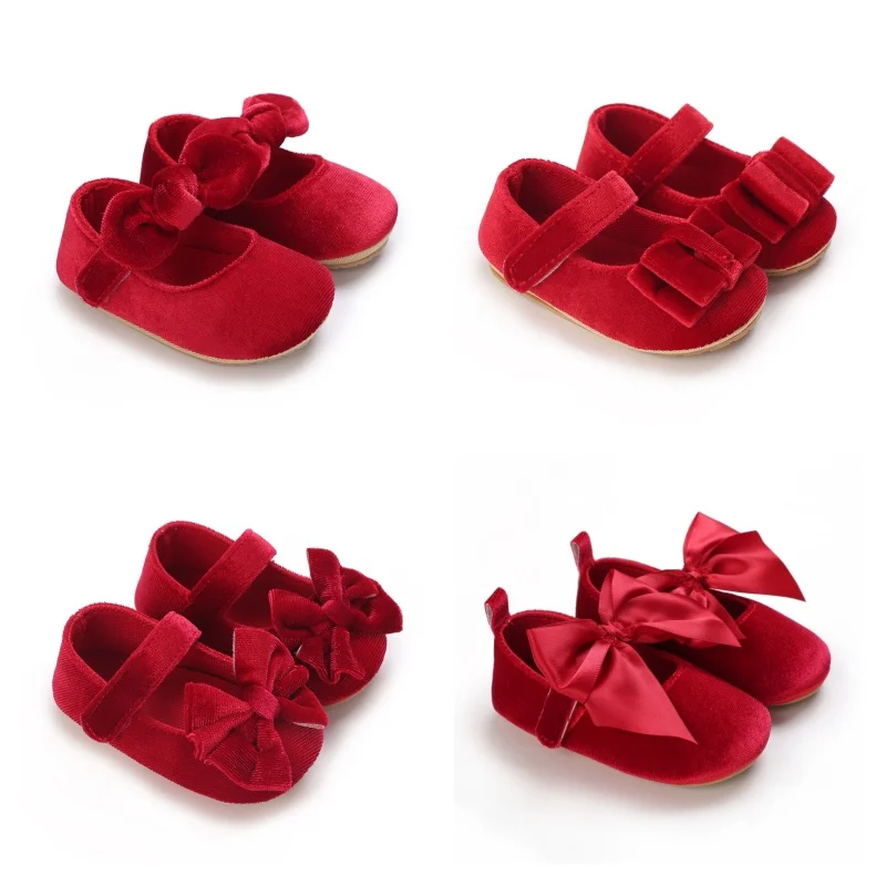 

Красные бархатные туфли принцессы для маленьких девочек, легкие прогулочные туфли на мягкой подошве, весенне-осенний подарок для детей 0–18 месяцев, один год