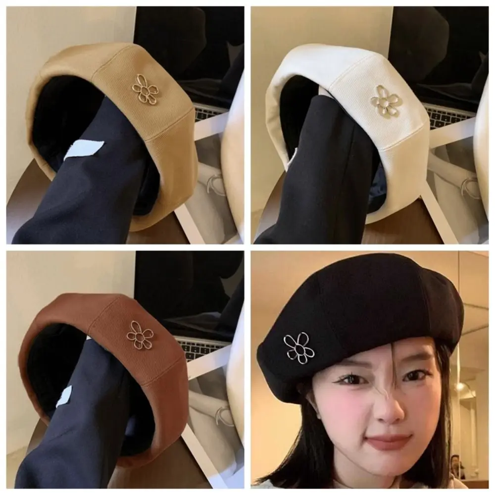 Elegante Blume Frauen Berets Großen Kopfumfang Warm Halten Achteckigen Hut Koreanischen Stil Einfarbig Britischen Maler Kappen Mädchen