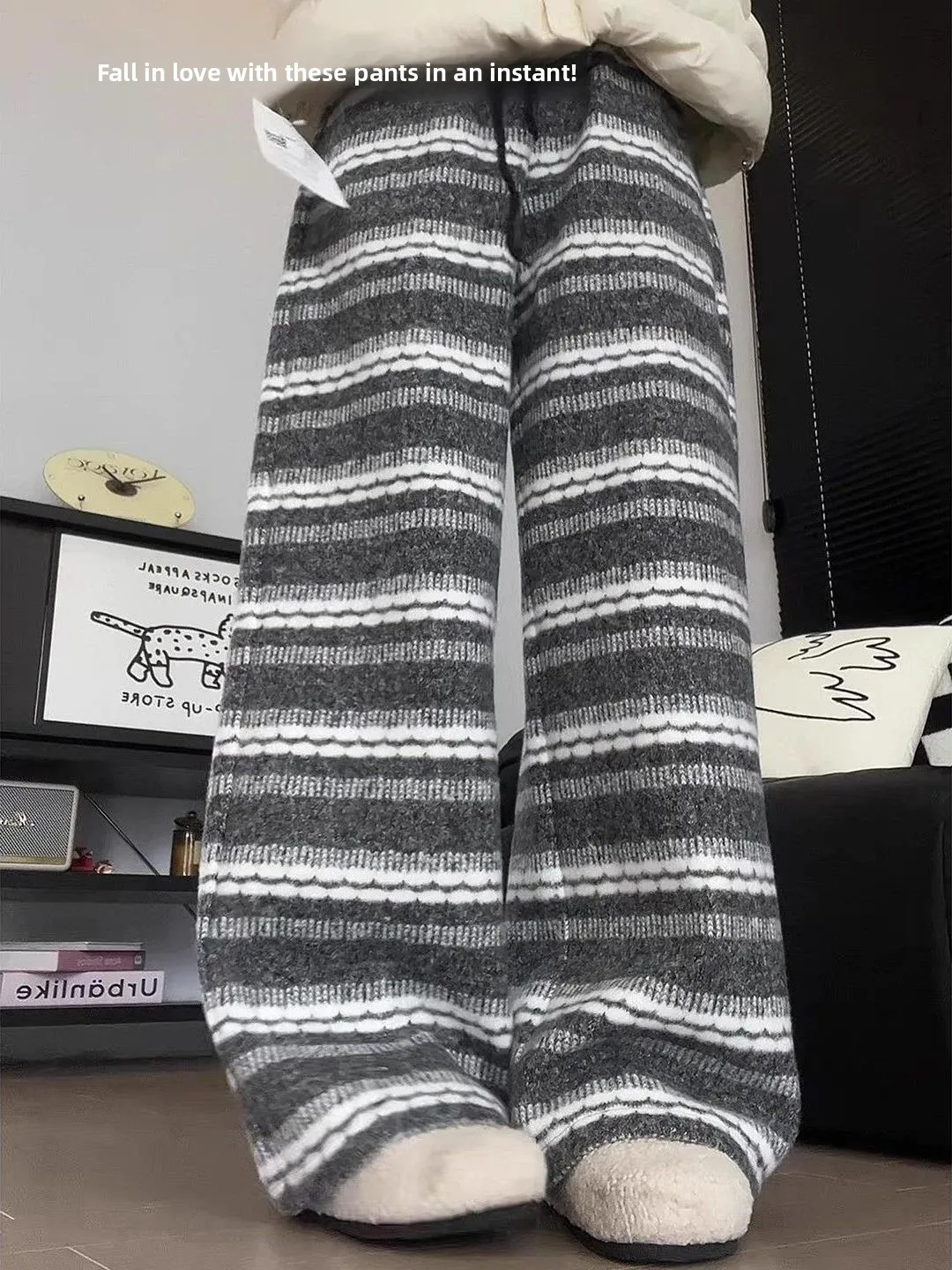 

Женские флисовые вязаные брюки-галифе прямого кроя в пол с этническим узором и бахромой для дома, осенне-зимние, для отдыха