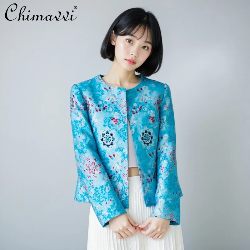 Nuovo stile cinese elegante moda perline jacquard girocollo manica lunga monopetto versatile giacche blu donna primavera