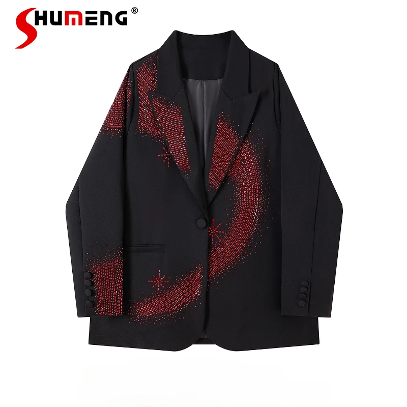 

High-End Rhinestone Blazers Women 2025 Autumn New Loose Fashion Light Luxury Suit Jackets Feminine Long Sleeve Tailored Coats