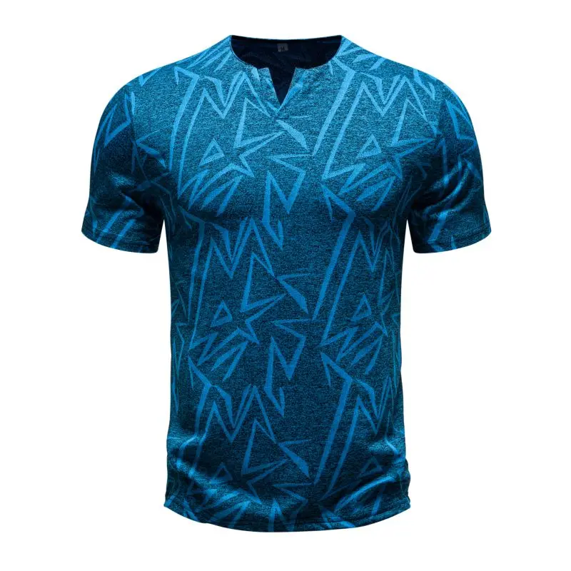 European Style Personality Pattern T Shirt Men Casual Summer V Neck Breathable Short Sleeve T-shirts Fitness Running Gym Tops