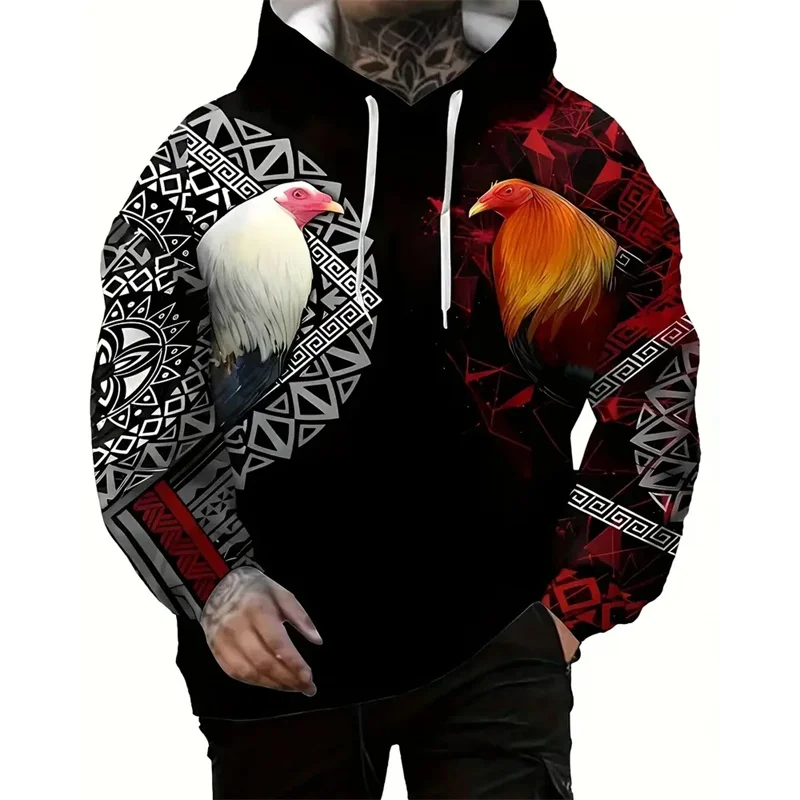 3D Printed Funny Rooster Hoodies For Men Animal Graphic Oversized Pullovers Casual Long Sleeves Hooded Sweatshirts Streetwear