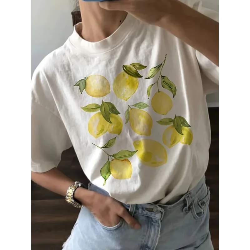 

Cute Lemon Fruit Cotton T-shirt Short Sleeve Loose Botanical T-shirt Vintage Cottagecore Clothes Women Retro Aesthetic T-Shirts