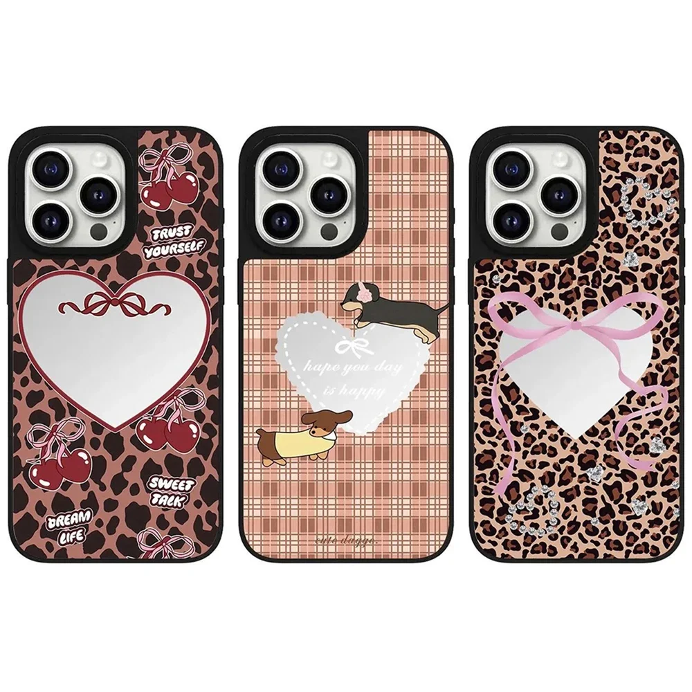 Leopard Brown Black Silver Border Mirror Magnetic Phone Case Cover for IPhone 12 13 14 15 16 Pro Max Case